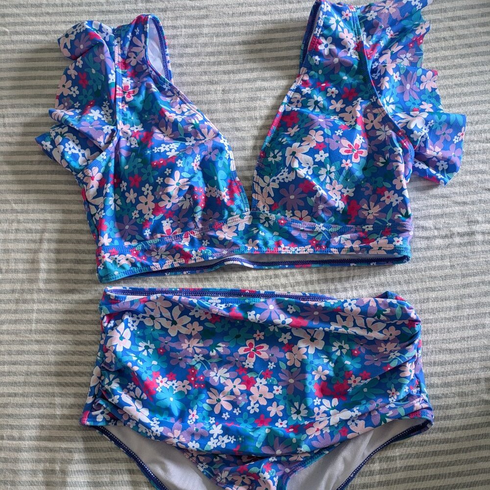 Blue and Pink Floral High-Waisted Bikini M